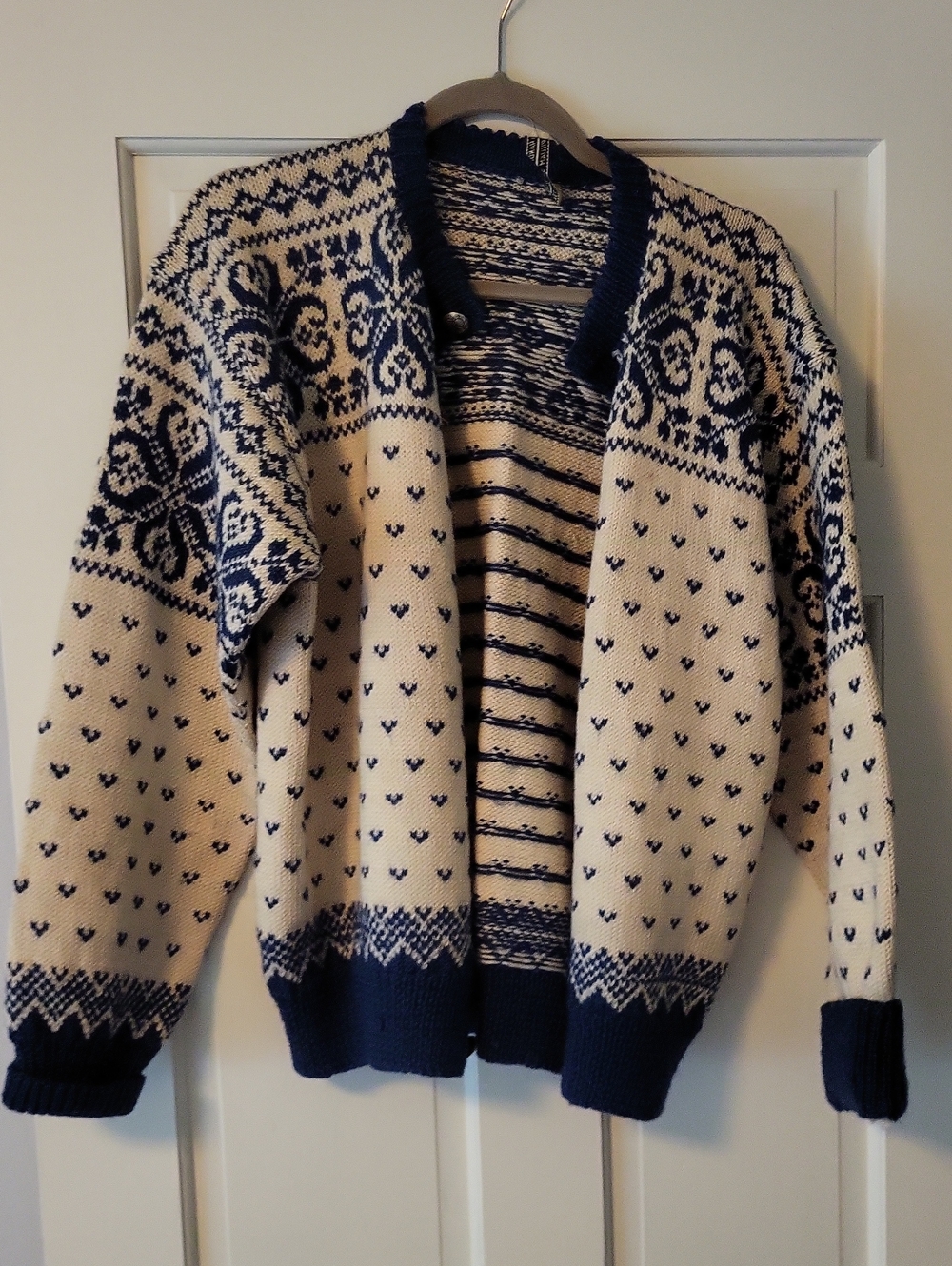 Men's Vintage Navy and Cream Fair Isle Cardigan Sweater